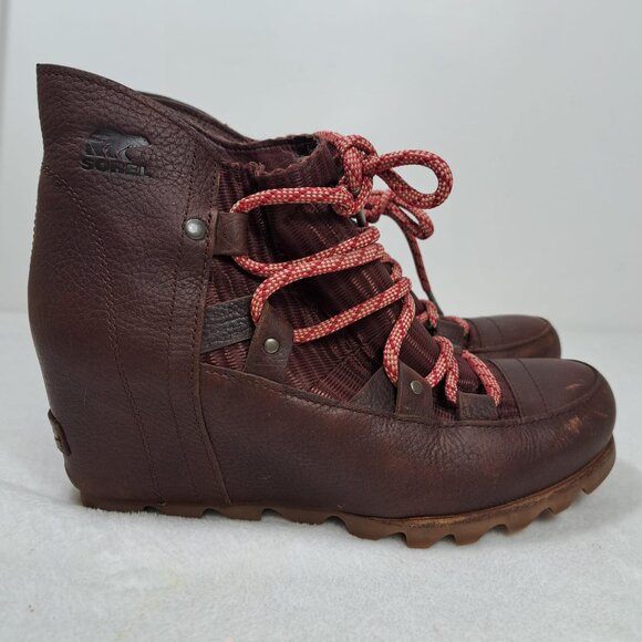 Sorel Sandy Lace Up Wedge Boots NL2628-628‎ Women's 8.5 Burgundy Leather EUC - Picture 1 of 10
